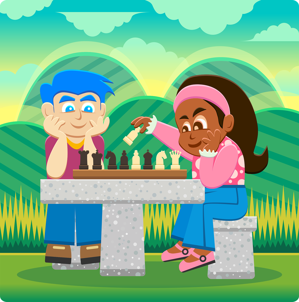 Cartoon of children playing chess